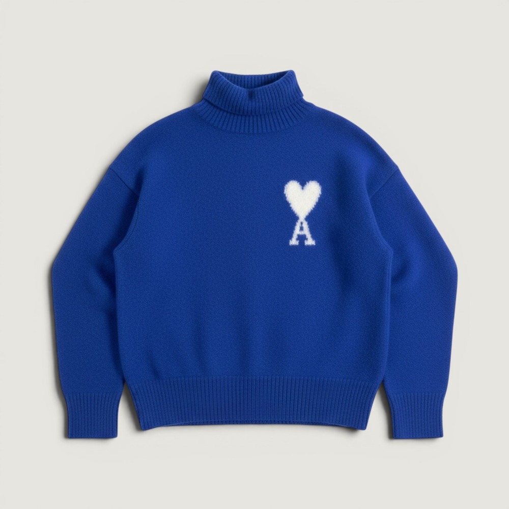 Ami Paris Sweater Ami de Coeur Virgin Wool Turtleneck Blue Large